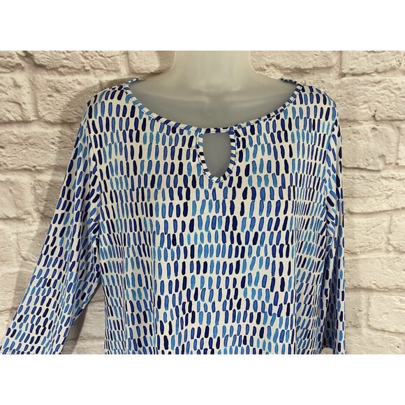 Clara Sun Woo Tunic Top Scoop Keyhole Neck 3/4 Sleeve Blue Printed Stretchy M - Picture 3 of 7